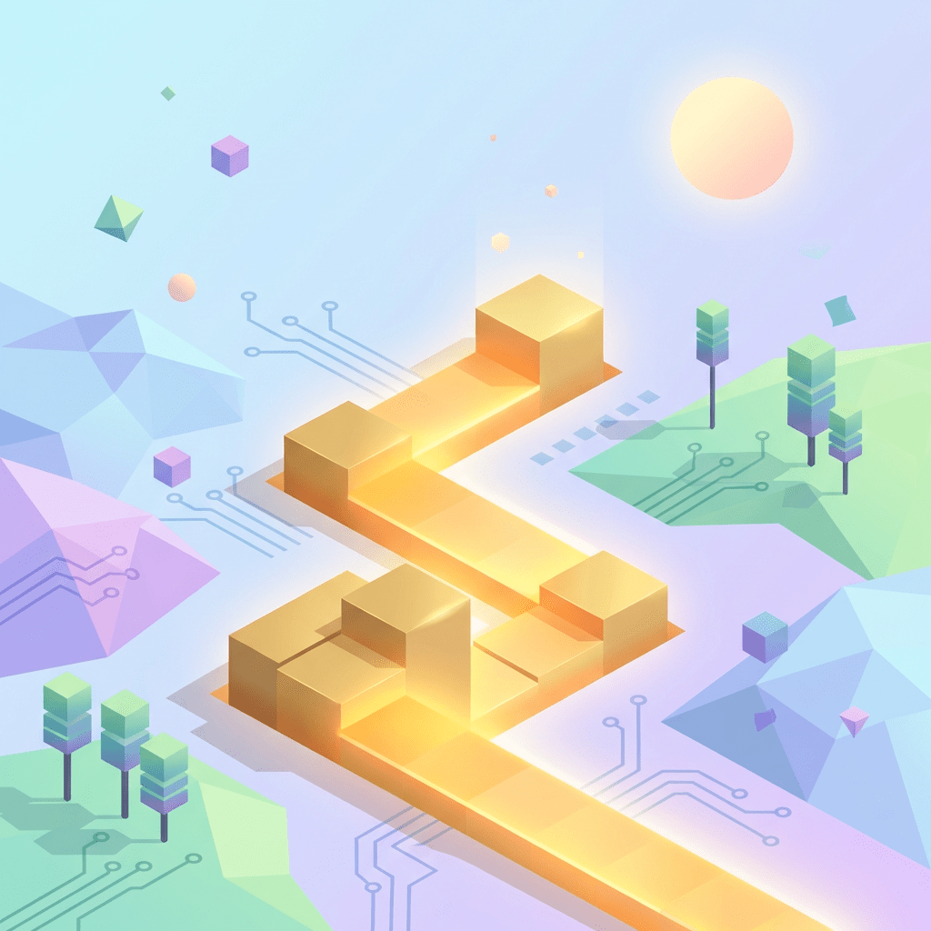 Glowing isometric path through a pastel geometric landscape with circuit patterns and cube-shaped trees.
